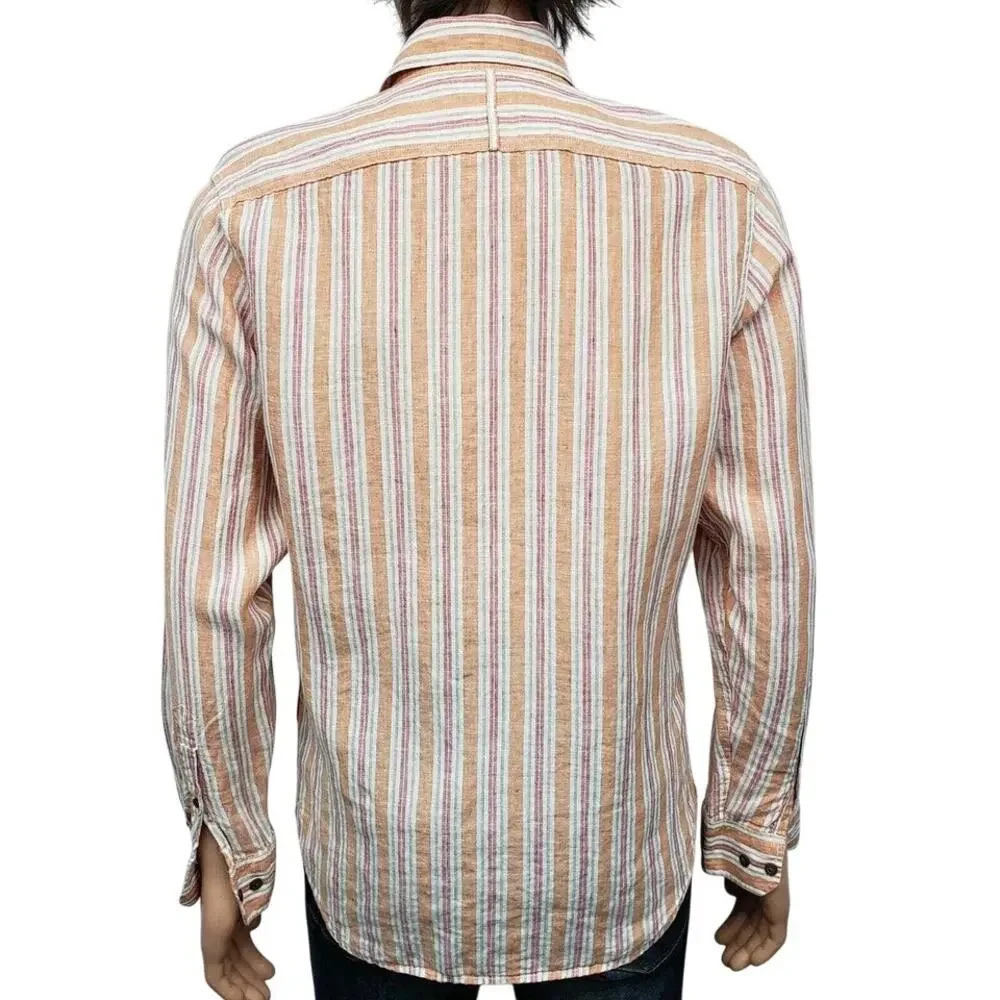 Banana Republic Linen Shirt Men S 14 / 14.5  Orange Stripe Long Sleeve Button Up